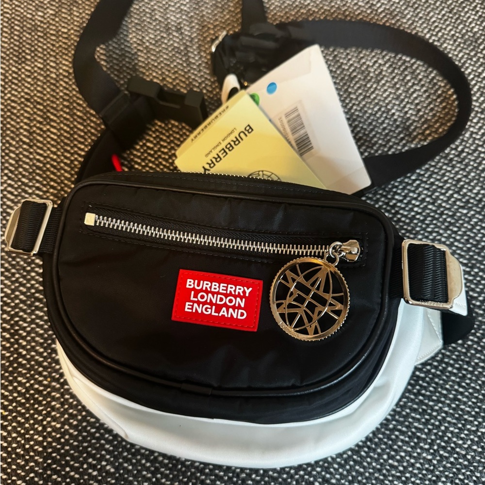 Authentic Burberry Econyl Cannon Black and White Belt Bag with Red Logo